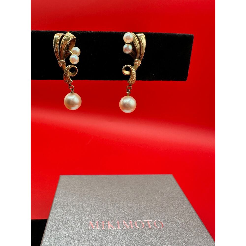 Vintage Mikimoto 14k Gold Akoya Pearls Drop MCM Swirl Ribbon Design Earrings